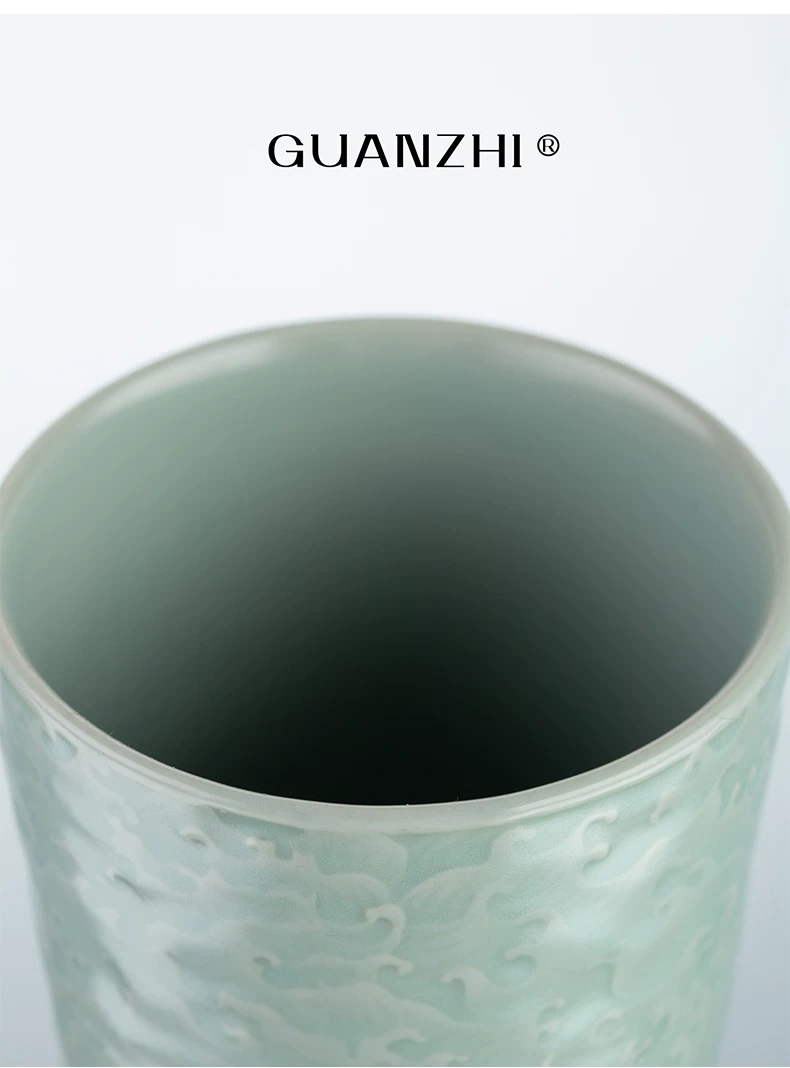 Guanzhi Sky-Blue Ru Ware Cup with Embossed Waves for Cola, Water, Tea and Coffee, source detail 4