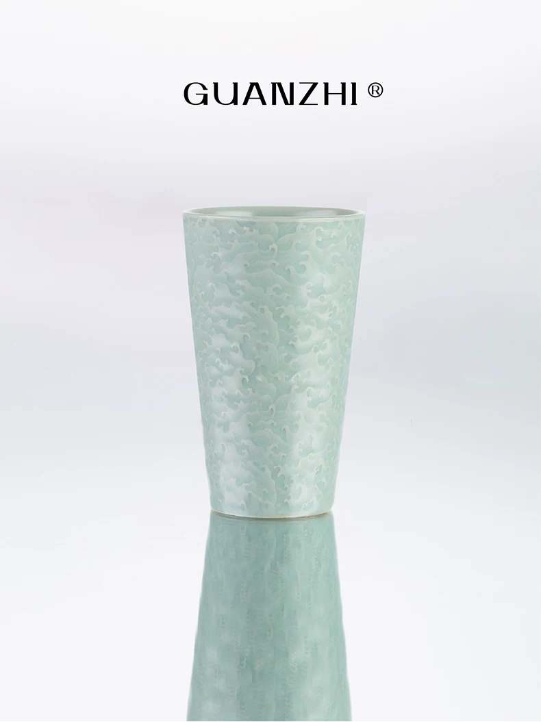 Guanzhi Sky-Blue Ru Ware Cup with Embossed Waves for Cola, Water, Tea and Coffee, source detail 2