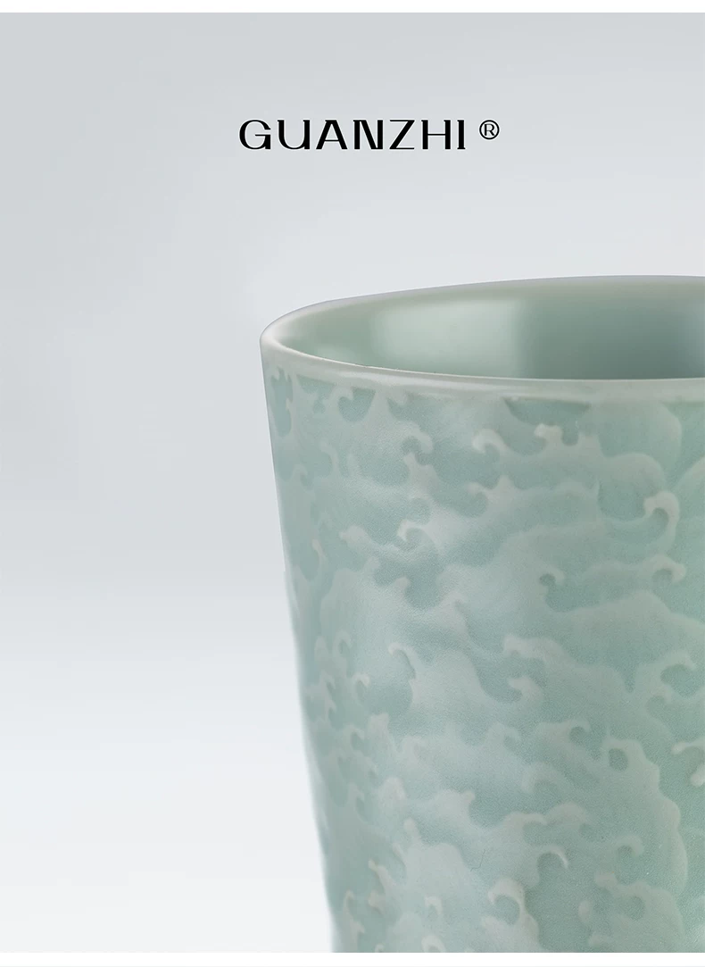 Guanzhi Sky-Blue Ru Ware Cup with Embossed Waves for Cola, Water, Tea and Coffee, source detail 6