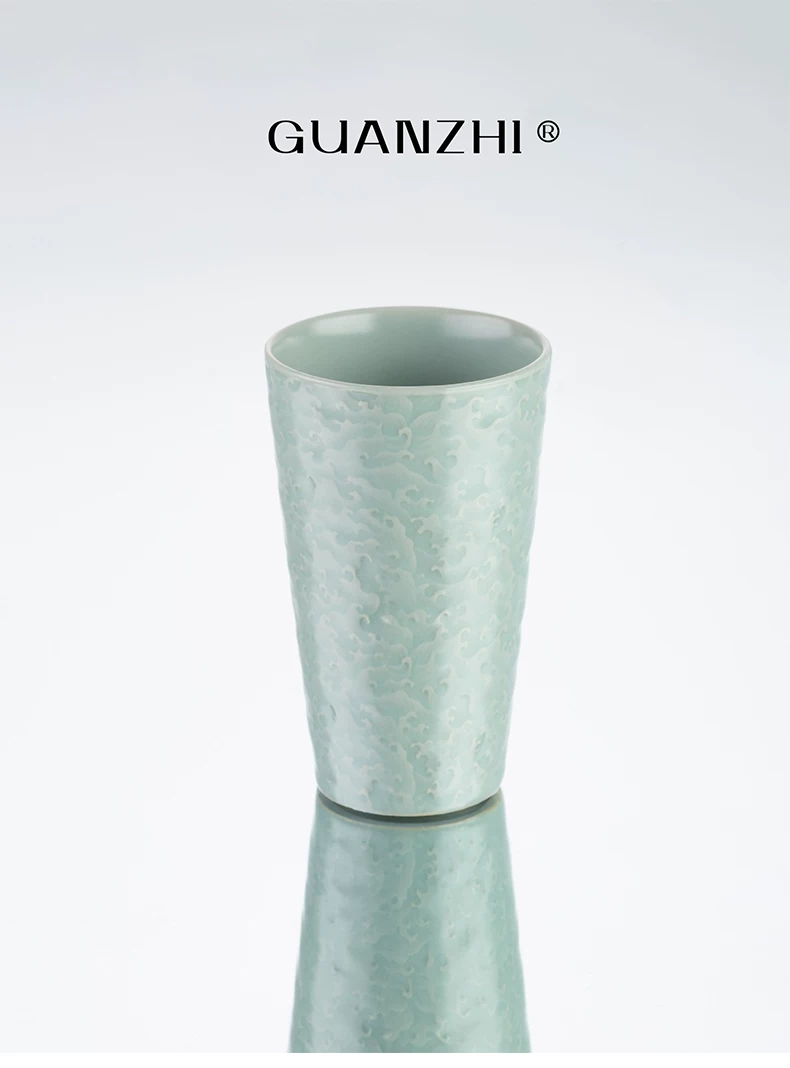 Guanzhi Sky-Blue Ru Ware Cup with Embossed Waves for Cola, Water, Tea and Coffee, source detail 1