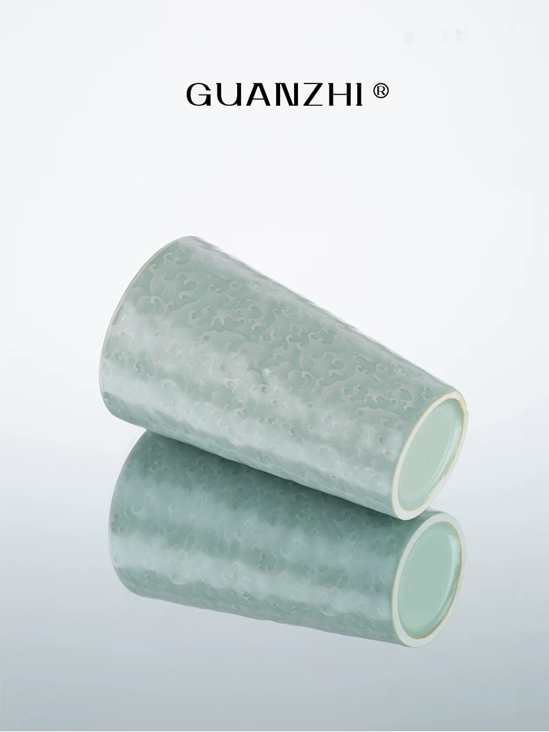 Guanzhi Sky-Blue Ru Ware Cup with Embossed Waves for Cola, Water, Tea and Coffee, source detail 7