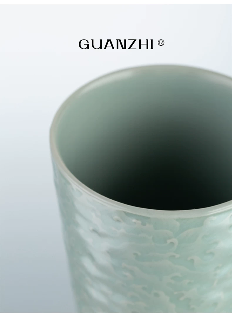 Guanzhi Sky-Blue Ru Ware Cup with Embossed Waves for Cola, Water, Tea and Coffee, source detail 3