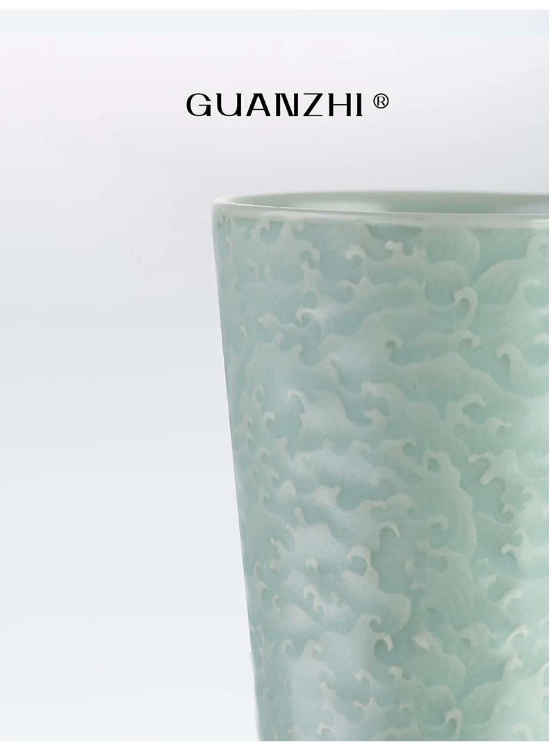 Guanzhi Sky-Blue Ru Ware Cup with Embossed Waves for Cola, Water, Tea and Coffee, source detail 5